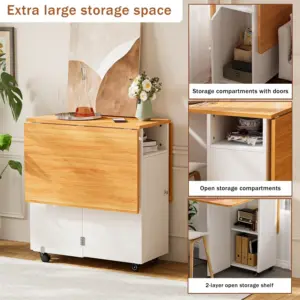 Multifunctional Wooden Retractable Movable Folding Table Wheels Shelves Suitable Kitchen Living Room Small Space Restaurant