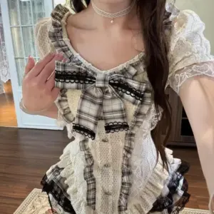 High Street Fashion Sweet Slim 2-piece Set Women Elegant Casual Lace Short Sleeve Bow Tops Female + High-waist Plaid Short Skirt