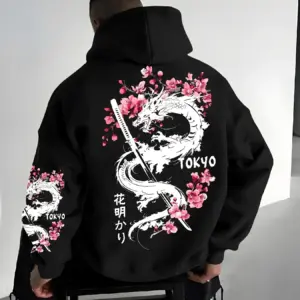 New Men's Anime Dragon Cherry Blossom Printed Hooded Sweatshirt Winter Fleece Warm Casual Street Comfort Inspired Design Hoodie
