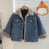 Girls Thick Denim Jackets Children's Plus Velvet Winter Warm Coats New Padded Outerwear Kids Fleece-lined Casual Clothing 4-12Y