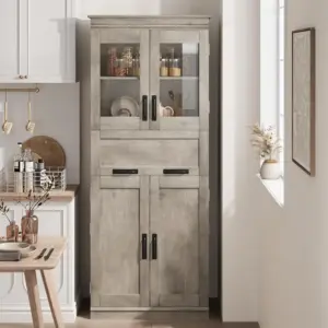 Freestanding Tall Wooden Storage Cabinet 4 Doors 1 Drawer Adjustable Shelves Multifunctional For Kitchen Bathroom Living Room
