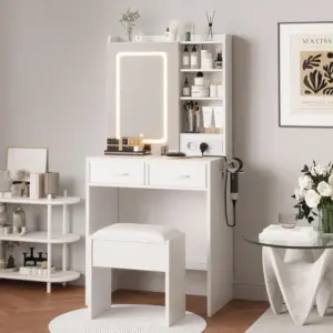 Small Vanity Desk with Mirror and Lights Makeup Vanity with Charging Station Drawers and Chair Dressing Table Set for Bedroom