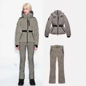 Winter Two Piece Skiing Set Hooded High Waist Padded Sport Parka Jacket Belt Female Thick Warm Pockets Windproof Skiing Pant