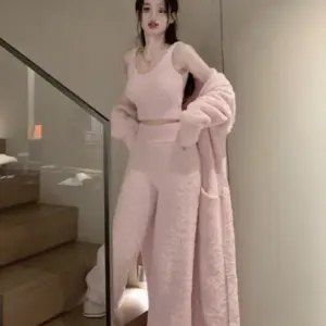Plush Knitted Cardigan Long Sleeve Mid-Length Outerwear Sleepwear Set with Strap Vest And Long Pants for Autumn Winter
