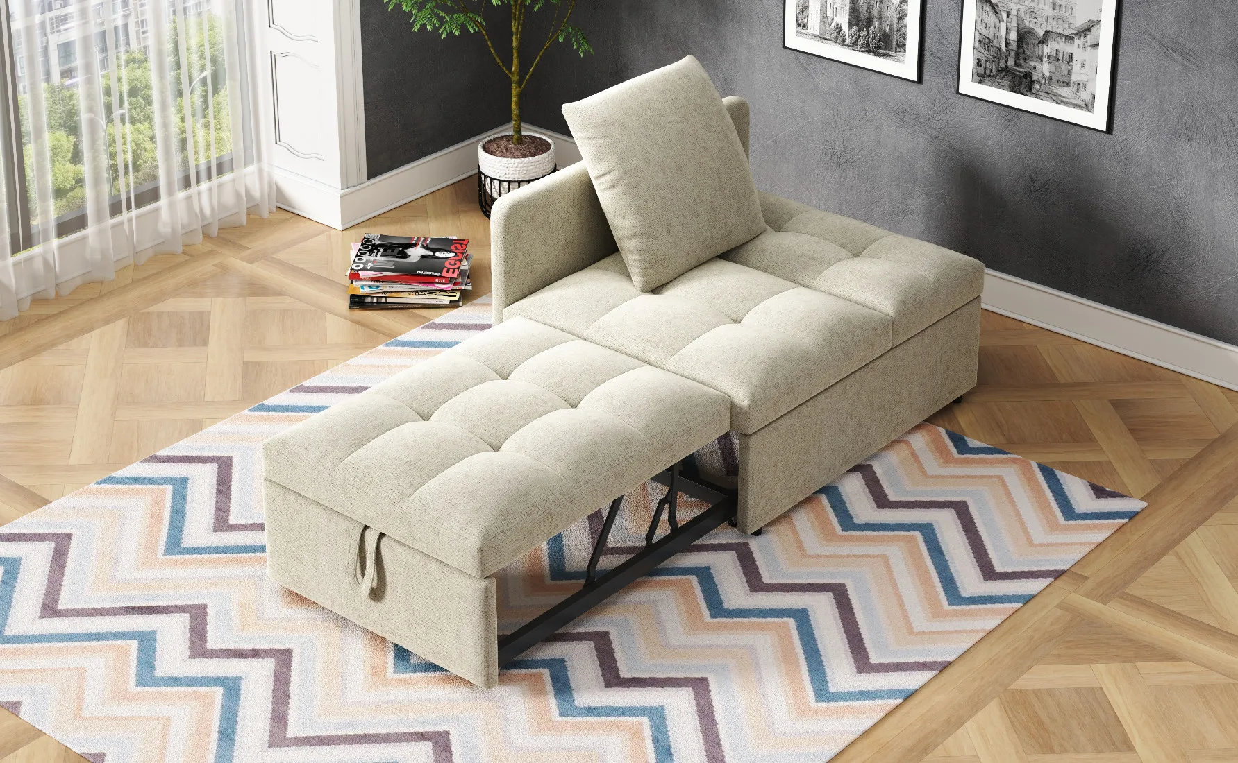 Upholstered Bed, 3-in-1 Sofa Bed, Multifunctional Sofa Bed, Linen Fabric Sofa w/ Adjustable Backrest, Daybed for Small Spaces 15 kf S5c3b0d1c4ddf44f1b90549b9ad98ad31Y