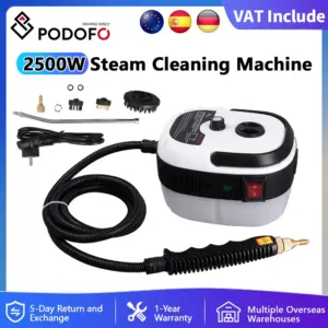 Podofo 2500W Handheld Car Steam Cleaner High Temperature Air Condition Home Kitchen Hood Jet Washer Machine with 3 Brush Heads