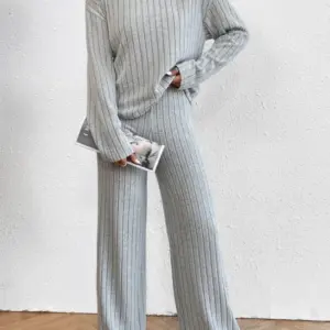 Casual Turtleneck Knitted Solid Set Women Striped Sweater Long Sleeve Tops + Wide Leg Oversized Pants Winter Two-Piece Set