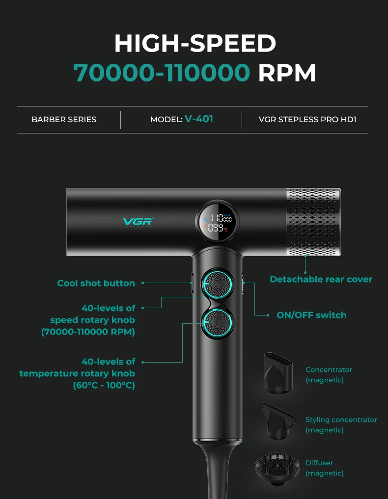 VGR Hair Dryers Professional Air Blower Negative Ion Hair Dryer 110000 RPM Hair Dryer Machine BLDC Motor Barber Salon V-401 8 kf S658fbaf657b643809309124d420650a0u