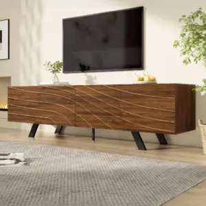 Modern TV cabinet with wave-shaped front – lowboard in walnut look with black iron legs, large storage space, cable management