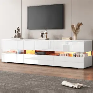 Modern white high-gloss TV cabinet, 160x39x45 cm, with LED lighting, 2 doors, 1 drawer, open compartment