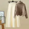 khaki-sweater-apricot-skirt-two-piece-set