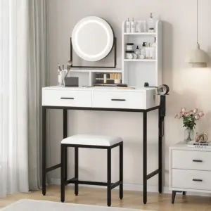 Large Dressing Table Vanity Desk with 360° Rotating Mirror and Stool Adjustable Brightness 3 colors with USB Ports for Bedroom