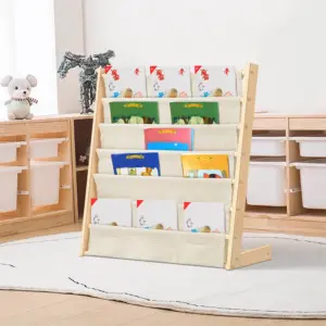 Kids Bookshelf, 6 Tier Bookcase Storage Display Rack Wooden Book Organizer With Pocket For Kids Room And Playroom