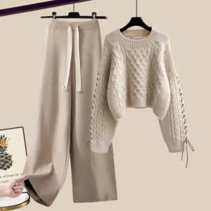 Women's Knit Pullover Sweater 2-piece Set Loose Fit Slimming Bell Bottoms Autumn/winter 2024 New Style Clothing