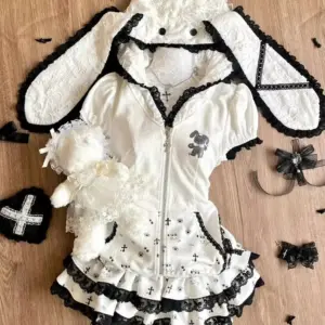 Summer Sweet Preppy Style 2 Piece Sets Women Y2k Kawaii Lolita Design Tops + High Waist Chic Skirt Female Princess Retro Outfits