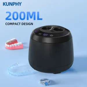 KUNPHY Rechargeable Battery Ultrasonic Retainer Cleaner Machine 48kHz 200ML Portable Dental Cleaning Pod with UV Light 4 Modes