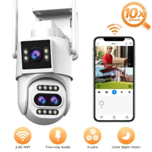 JOOAN 4K WiFi IP Camera Outdoor 10x Optical Zoom Three Lens Dual Screen PTZ Camera Auto Tracking Home Security CCTV Surveillance