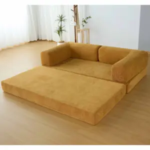 New Design Living Room Sofa Bedroom Yellow Faux Fur Fabric Sleeper Removable Cover Furniture Sofa Bed Mattress Compressed Sofa
