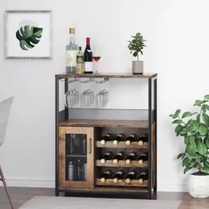 3-Tier Wine Bar Cabinet With Detachable Wine Rack And Storage Space Buffet Cabinet With Glass Holder And Mesh Door For Home