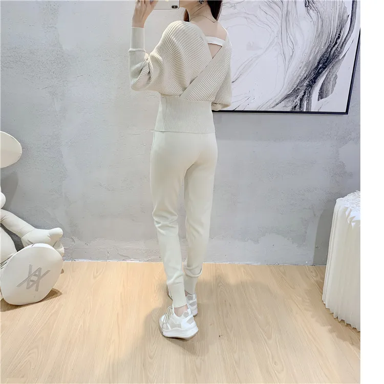 Elegant Tracksuit Sexy Two Piece Set Women Korean Style Ribbed Knitted Backless Top And Long Harem Pant Suit Autumn Outfits y2k 15 kf