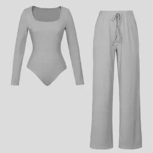 Ladies Casual Two-Piece Suit round Neck Long Sleeve Top with Wide Leg Pants Pure Color Straight Loose Trousers Elegant Outfit