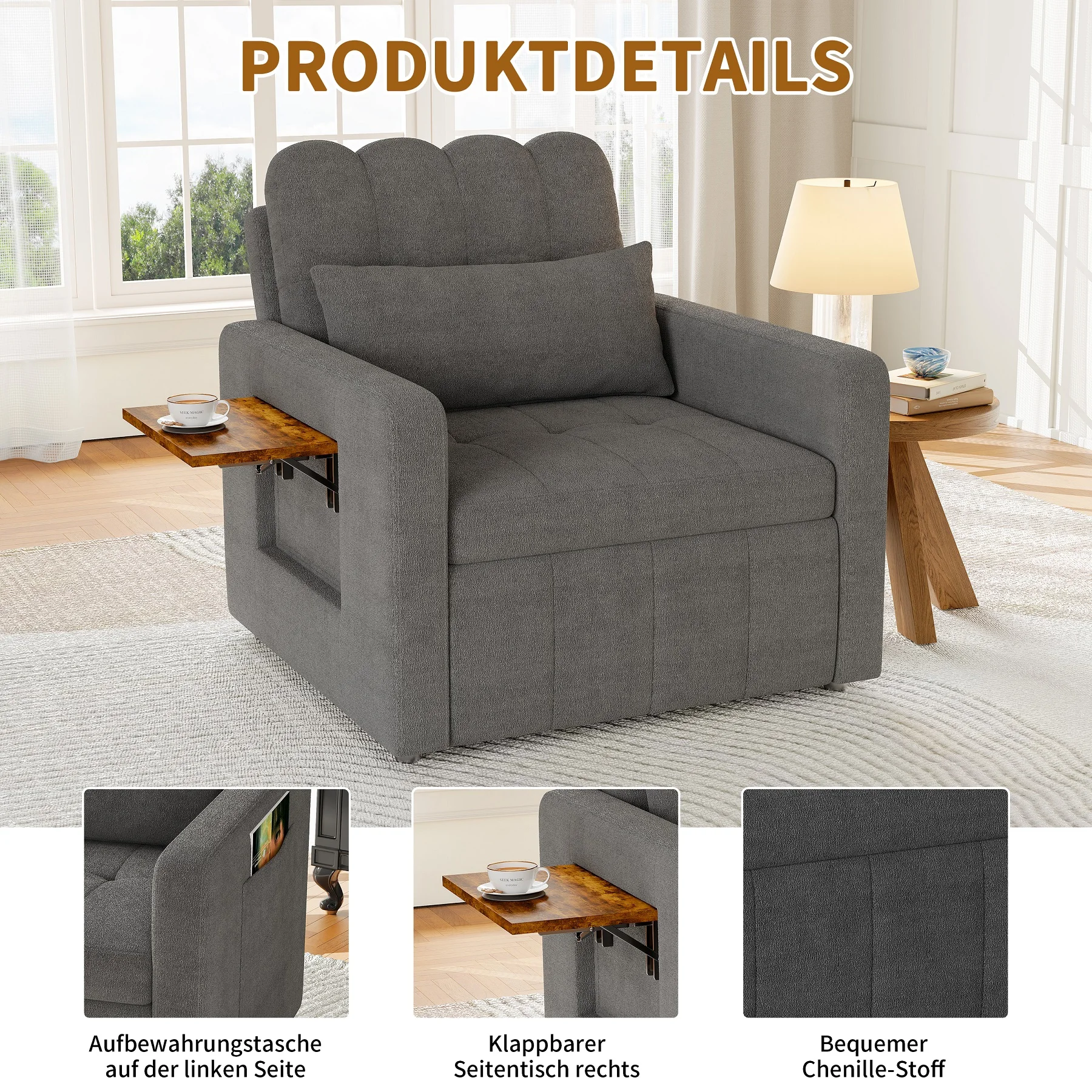 Rosahqnda Folding Sofa Bed,Sleeping Chair with Adjustable Backrest&table&Side Pocket,Relaxing Chair for Living Room,Bedroom 41 kf S72ae91e894d845c59fc6e9e9d8ca2758U