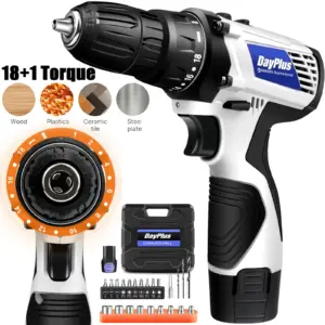 DayPlus 16.8V Mini Cordless Drill Driver Kit, 3/8" Chuck 45Nm Electric Screwdriver Driver with LED Light, 18+1 Torque, 2 Speed