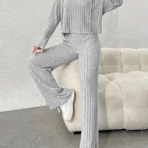 Casual knitted long sleeved hooded top and pants two-piece set for women
