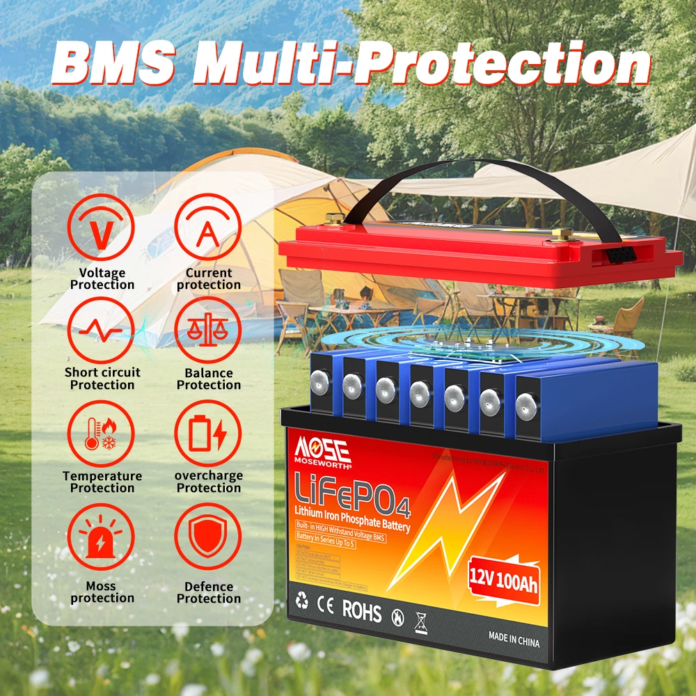 MOSEWORTH LiFePO4 12V 100Ah Battery Pack 12.8V Lithium Battery 8000+ Cycles With Bluetooth BMS Grade A For Boat RV Campers 37 kf S77735bd20b7a4c6c9b26f2c3f6ba96fdU