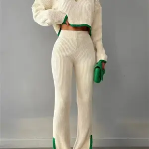 REALEFT Autumn Winter 2 Pieces Women's Pant Oufit Sets Knitted Tracksuit O-Neck Sweater and Wide Leg Jogging Pants Female Suits