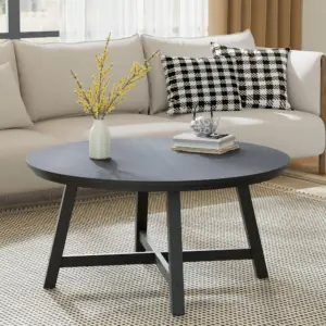 Round Coffee Table, Industrial Wood Grain Center Table with Adjustable Feet, Heavy Duty Metal Legs, Easy Assembly Accent Table