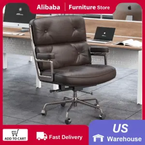 Office Chair Mid Back Executive Comfortable Genuine Leather Ergonomic Back Support Home Computer Chairs Adjustable Office Chairs