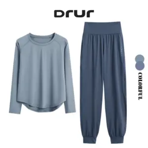 DRUR 2pcs Yoga Set Women Sports Pants Sets 2 Piece Sportswear Outfit Female Long Sleeve Fitness Top High Waist Sweatpants Suits