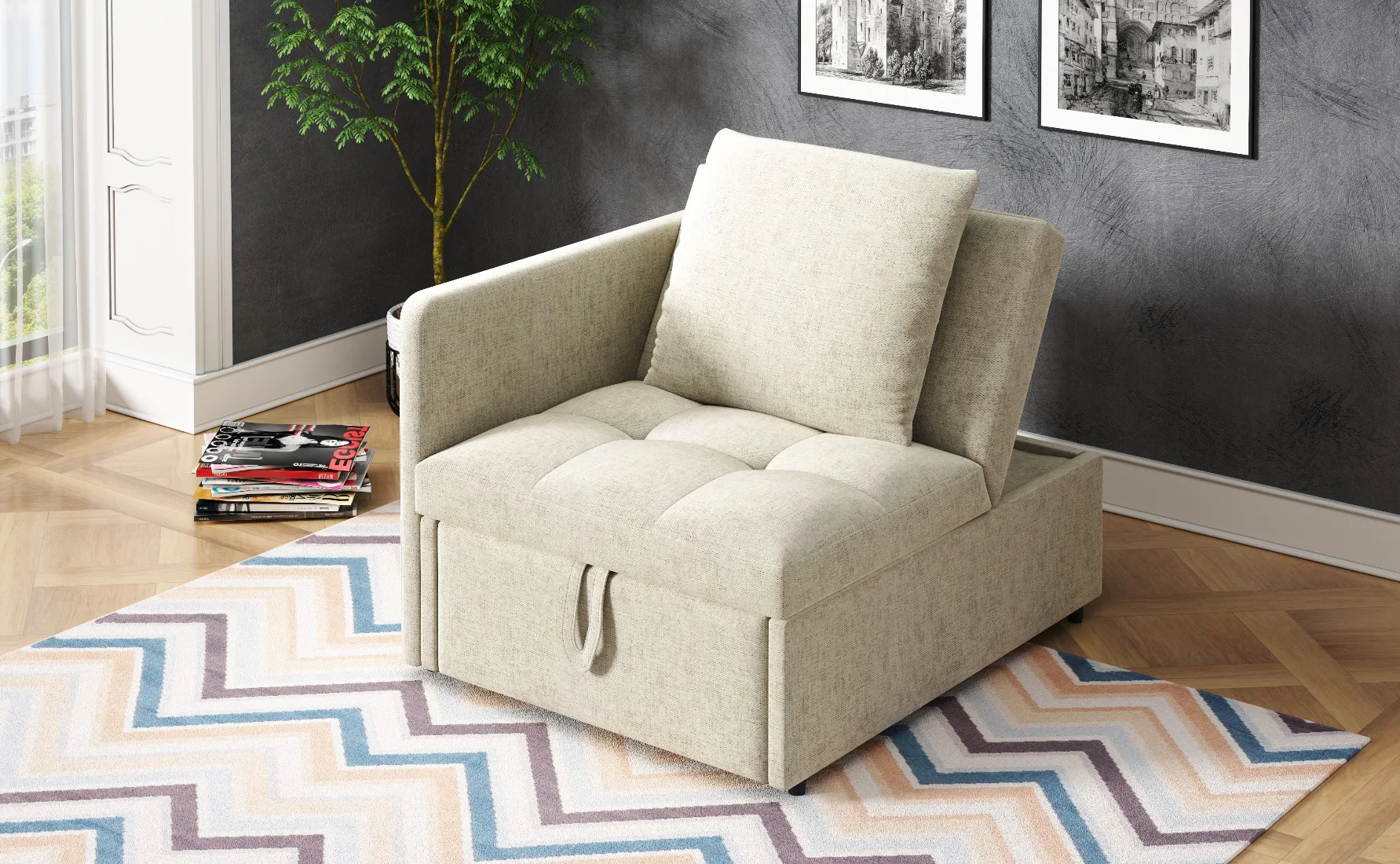 Upholstered Bed, 3-in-1 Sofa Bed, Multifunctional Sofa Bed, Linen Fabric Sofa w/ Adjustable Backrest, Daybed for Small Spaces 13 kf S81ca23a6f9ce4944af0d322cb53ca129O