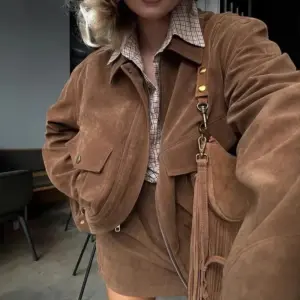 Women Causal Long Sleeve Solid 2Pc Outfits Elegant Commute Hight Street Loose Set Fashion Lapel Zip Short Coat & Mini Skirt Suit