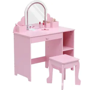 Lighted Adjustable Mirror Vanity Table Set Wooden Princess Makeup Desk with Stool, Storage Drawer & Open Shelves Pink