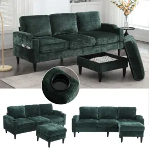 4-Sitzer-Sofa mit Hocker und Stauraum, bequemen Armlehnen, Samtbezug, Seitentaschen und robusten Kunststofffüßen