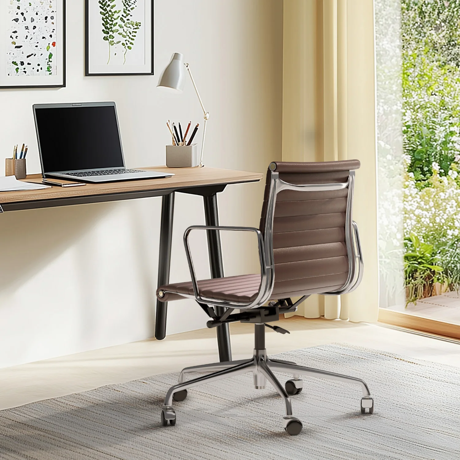 Ribbed Office Chair Ergonomic Office Chair Brown Genuine Leather Swivel Chairs Adjustable Swivel Computer Desk Gaming Chair 12 kf S8c9fce08ccf049f19df3d465374dccaas