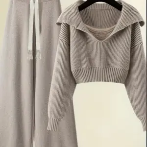 Women's Light Khaki Knit Loungewear Set: Shawl Collar Top + Wide-Leg Pants, Loose, Soft, Comfortable, Suitable for Spring and Autumn Home Wear