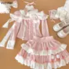 Pink Kawaii Sweet Preppy Style Bow Lolita 2 Piece Set Women Japanese Cute Long Sleeve Off Shoulder Tops Cake Skirt Female Suits