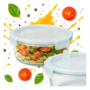 Round glass container 950 ml Bimberek. A hermetic container for storing food and takeaway lunches.