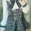 Japanese Gothic Style Rhinestone Bow Dress Shorts Set Women Sweet Long Sleeve Slim Plaid Shirt Dresses Kawaii Lolita Y2k Outfits