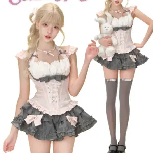Japanese Pink Sweet Kawaii Lolita Elegant 2 Piece Sets Women Preppy Style Design Mini Skirt Suit Female Princess Chic Outfits