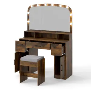 Vanity Desk with Mirror & Lights, 108 CM Wide Dressing Table with Stool, Charging Station, 3 Light Colors, 3 Drawers, 2 Cabinets