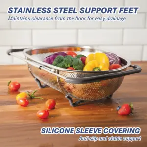 tastyWay Set Stainless Steel Over Sink Colander with Telescopic Handle - Metal Mesh Strainer Basket for Washing Fruits & Vegeta