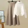 white-sweater-khaki-skirt-two-piece-set