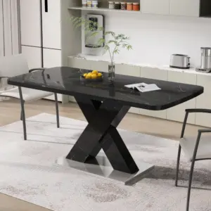 120CM-160CM Modern Rectangle Dining Table,Stretchable,Printed Black Marble Table Top+MDF X-Shape Table Leg with Metal Base