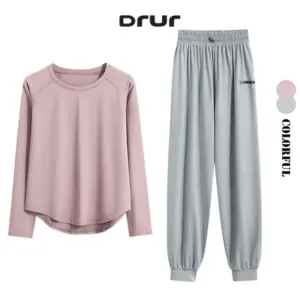 DRUR 2pcs Running Set Women Tracksuit Lightweight Loose Long Sleeve Sport Shirt Pants Sets 2 Piece Sportswear Outfit Gym Clothes