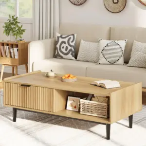 42.5" Fluted Coffee Table with Storage Drawer and Open Shelf, Mid-Century Modern Living Room Table in Light Wood