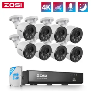 ZOSI 4K 8MP PoE NVR Security Camera System 8MP Weatherproof Wired PoE Cameras H.265+ 4K 8CH CCTV NVR for Home 24/7 Surveillance
